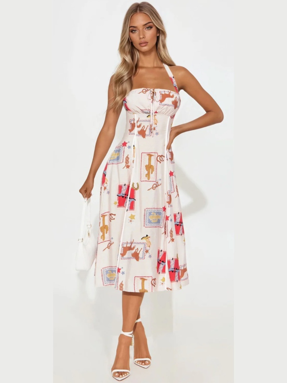 Fashion Nova White Midi Dress with Red and Tan Western Print